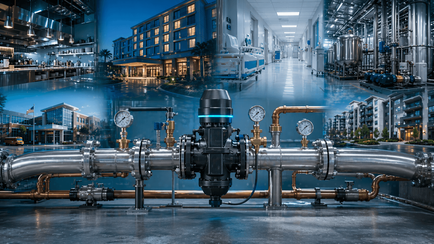 Smart Valve installed in a central commercial water infrastructure hub serving multiple industries