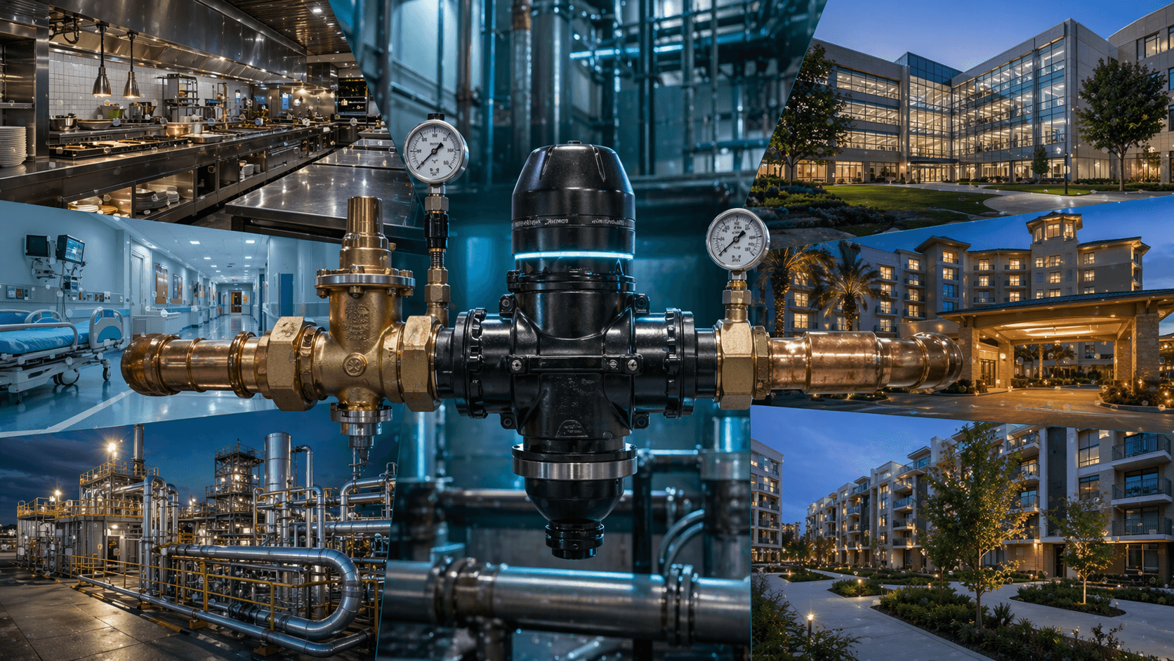 Composite case-study image showing Smart Valve installations across multiple facility types