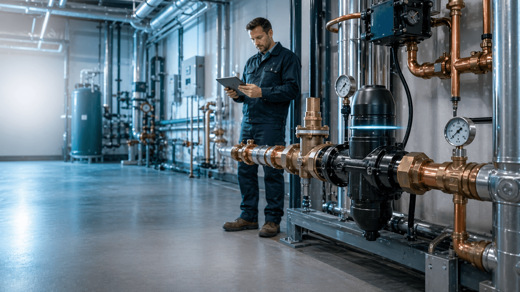Facility engineer reviewing a Smart Valve installation in a commercial utility room