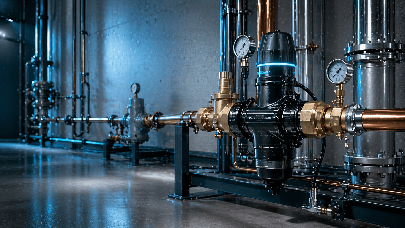 Smart Valve shown as the premium commercial water-control option beside conventional line hardware