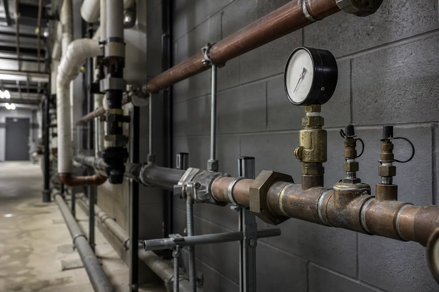 Illustrative commercial building water-service piping and a pressure gauge in a non-identifiable mechanical room.