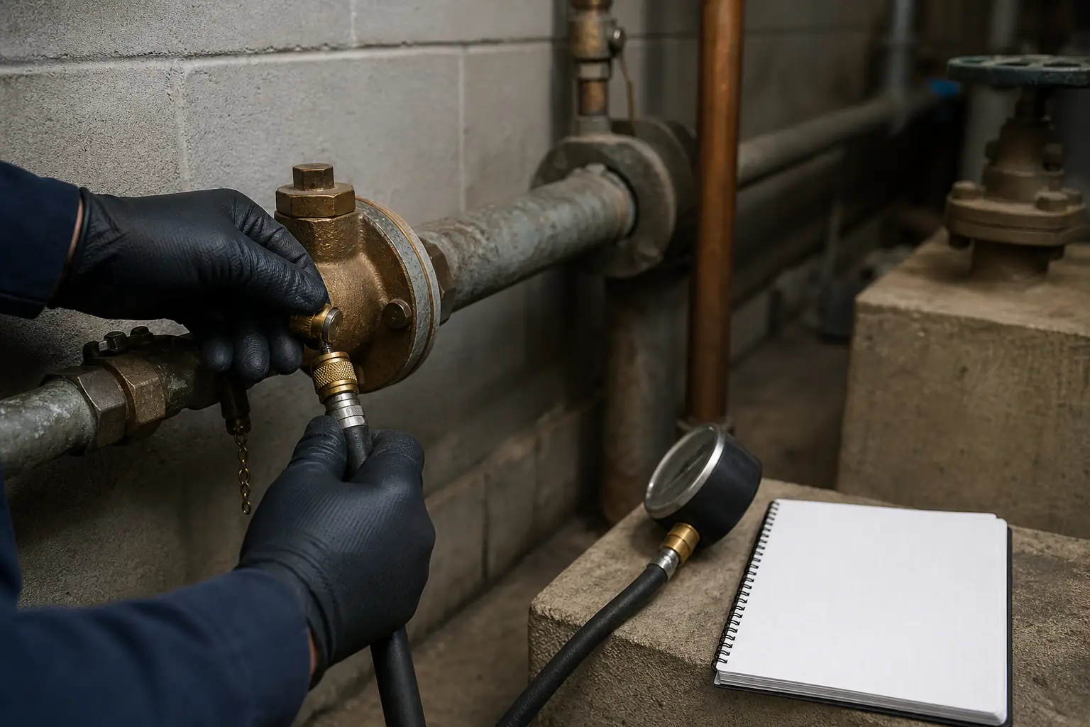 Illustrative close view of a pressure check being prepared on a commercial water-service line.